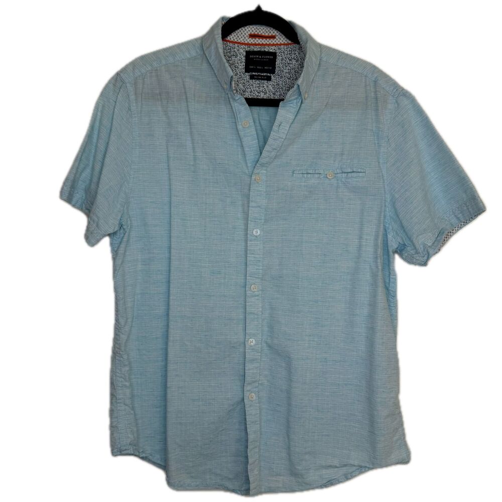 Denim & Flower Ricky Singh Men's Large Light Blue Slim Fit Button Up Polo Shirt
